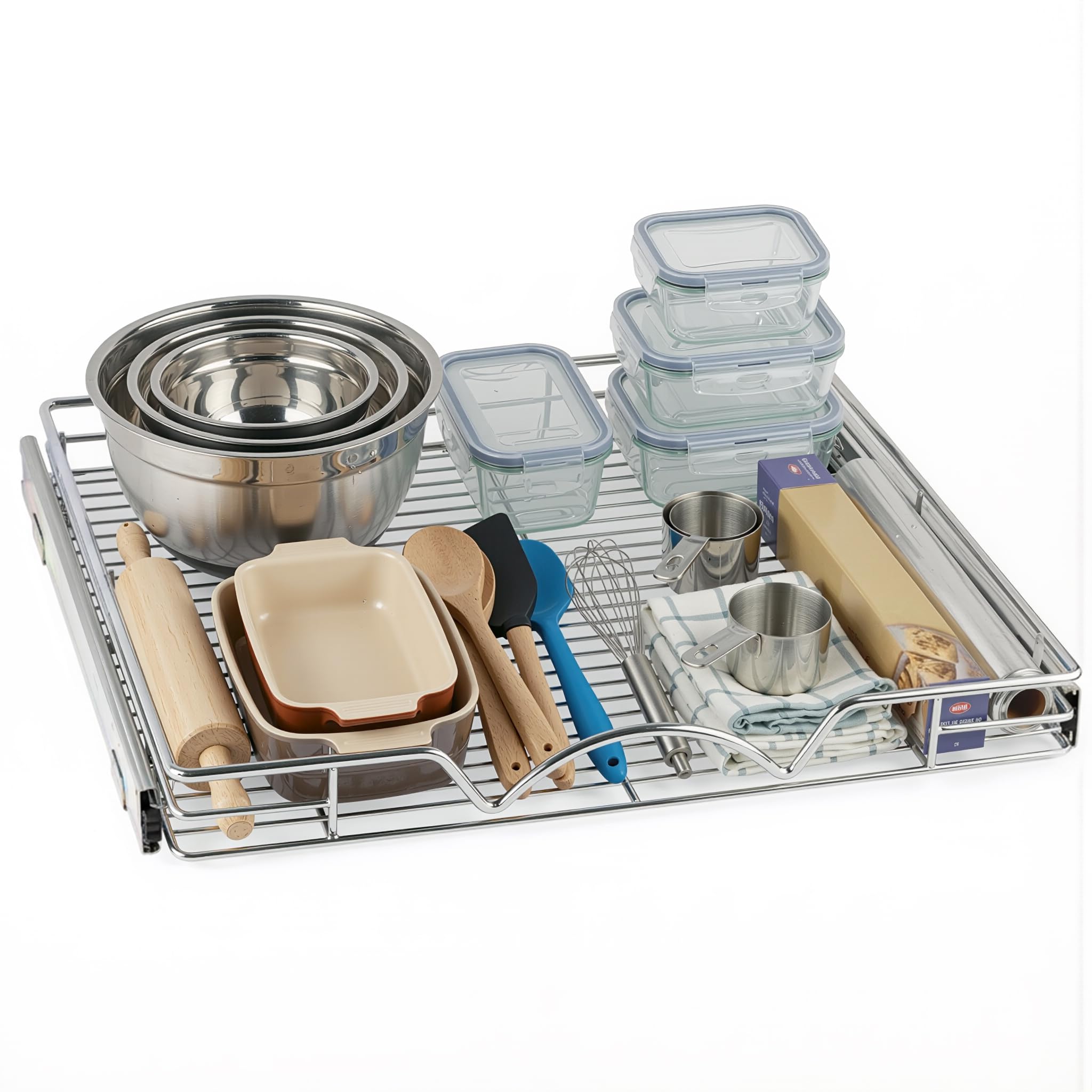HOLDN' STORAGE Ausziehbarer Schrank-Organizer, robuster Caddy, 61 cm B x 53,3 cm T, benötigt mindestens 64,1 cm breite Schranköffnung, Stahl-Metall-Schrankschubladen, ausziehbar, Chrom