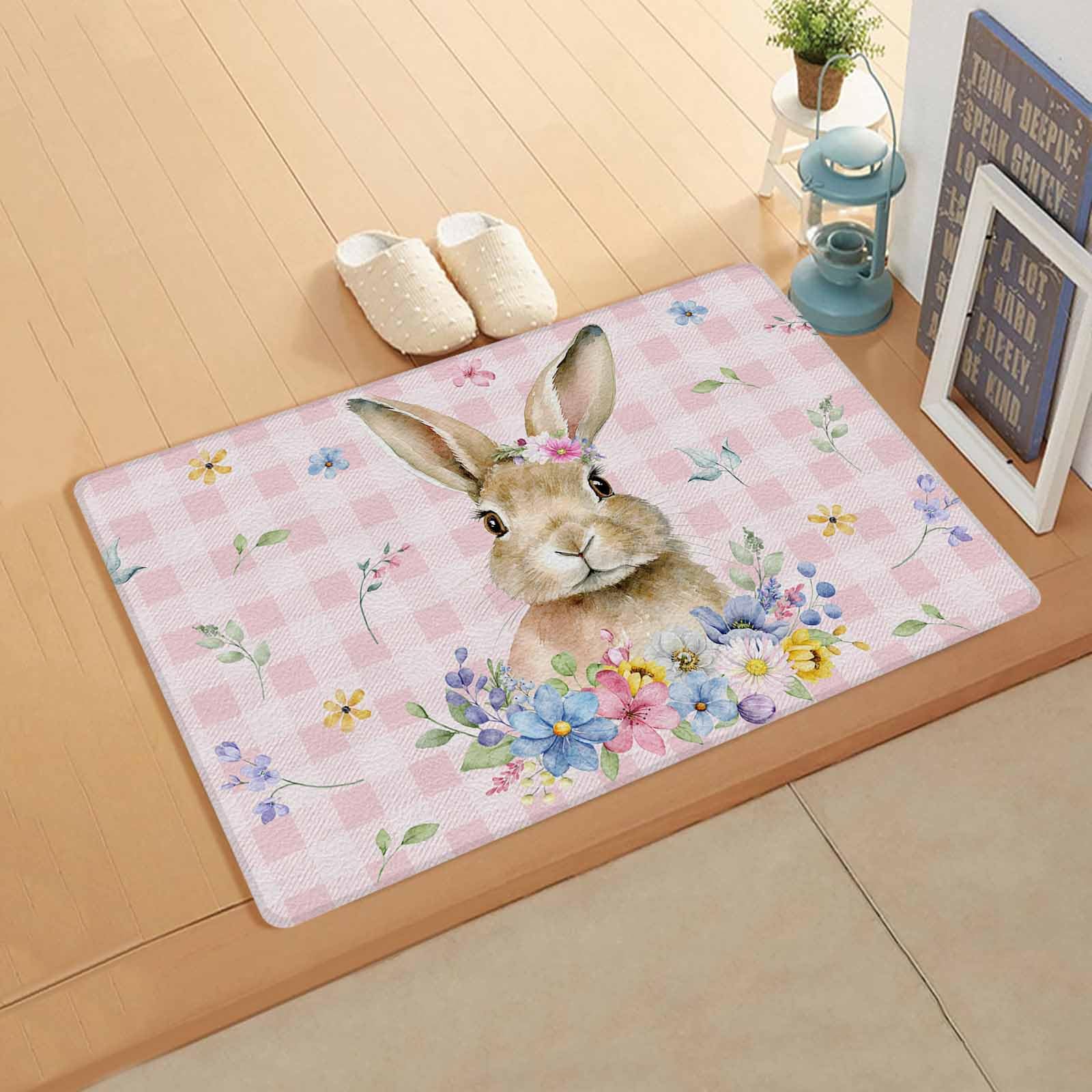 Easter Spring Bunny Kitchen Bath Door Mat Cushioned Runner Rug,Washable Welcome Floor Sink Antifatigue Mat,Waterproof & Non-Slip Comfort Standing Doormat,Buffalo Plaid Check Rabbits Pink Plant 18