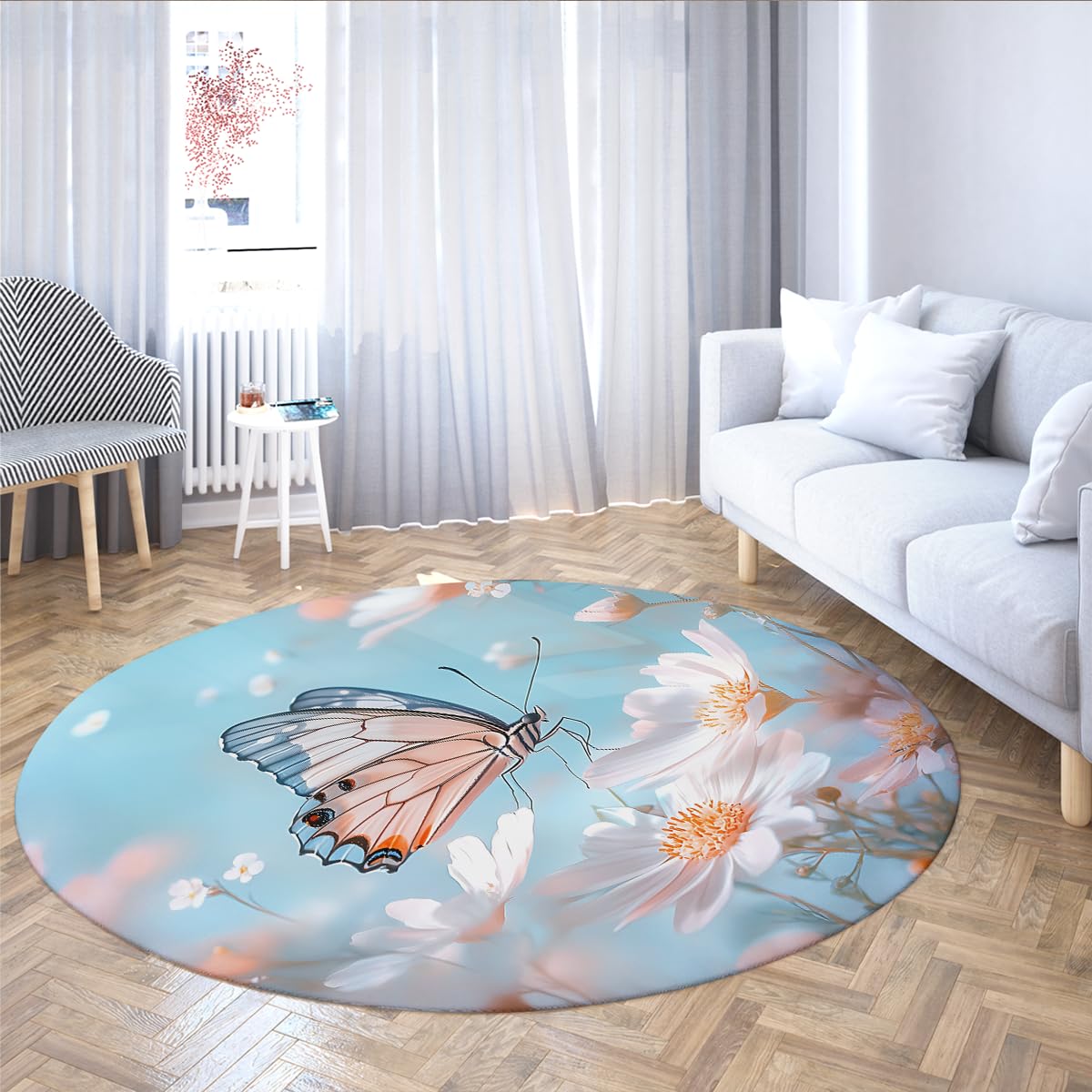 Tapis ronds papillons floraux 240cm : moquette moderne d'exception à poil bas soyeux