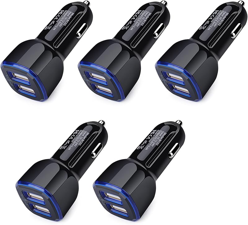 Car Charger iPhone,5Pack 2.4A 12V USB Adapter Car Cigarette Lighter Charger | USB Car Plug for iPhone 17 16e 16 15 14 13 12 11 SE XR XS X 8 7 6,Samsung Galaxy S25 S24 S23 S22 S21 S10 S9,Android,Kindle
