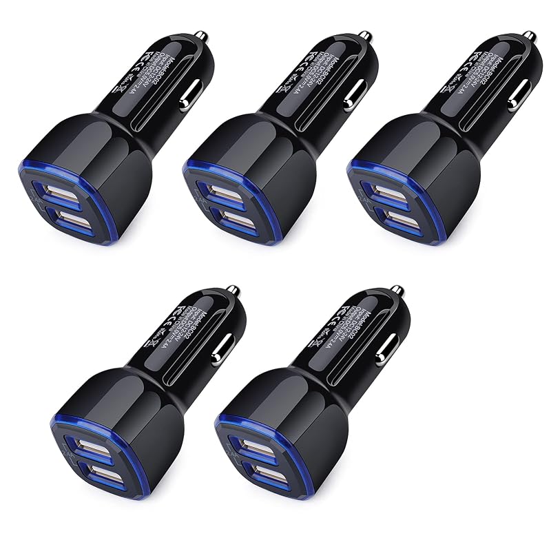 Carregador veicular ANDHOT com 2 portas USB Tipo A, 12 W e 2,4 A, entrada 12–24 V, pacote com 5