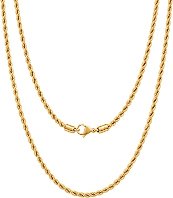 KISPER 18K Gold Plated Rope Chain Necklace for Men 2mm-5mm Stainless Steel