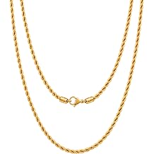 KISPER 18K Gold Plated Rope Chain Necklace for Men 2mm-5mm Stainless Steel