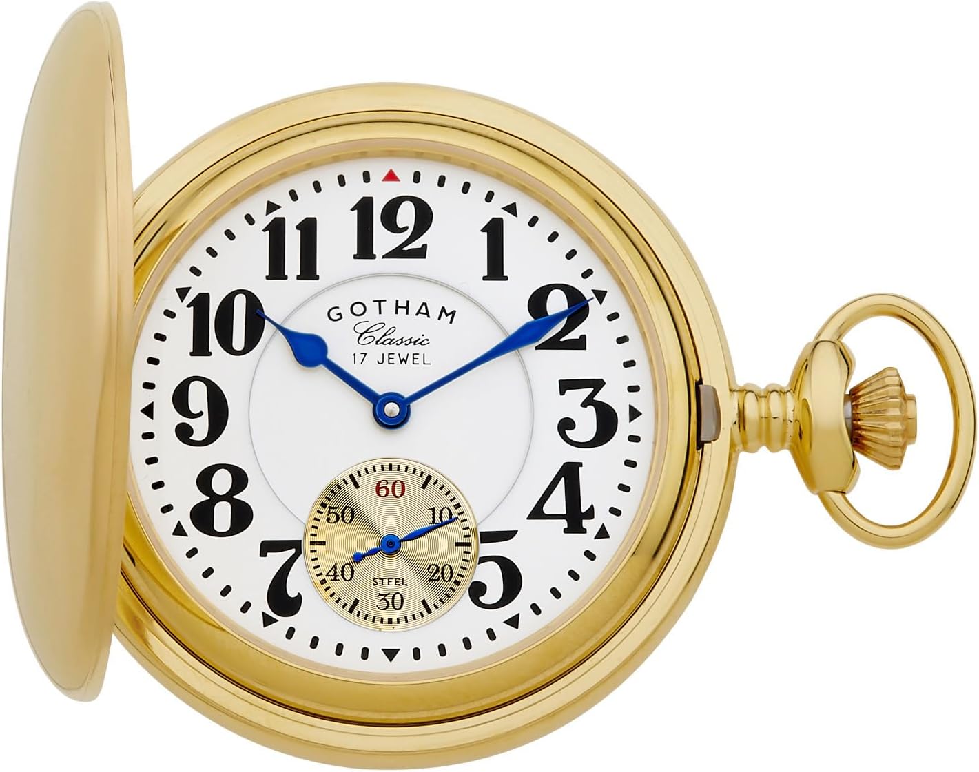 Gotham Men's Classic Gold Plated Polished Case Double Hunter 17 Jewel Mechanical Pocket Watch # GWC18808G