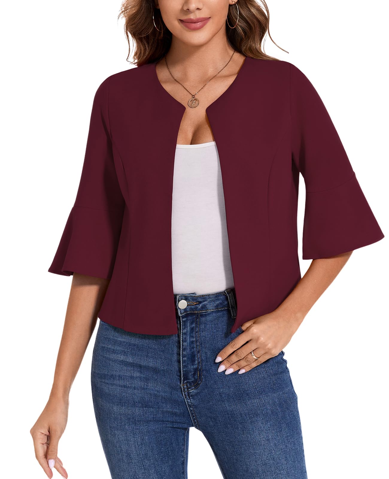 MINTLIMIT Cropped Blazer for Women Casual Elegant Open Front Blazer Flared 3 4 Sleeve Tailored Cardigan Suit Jacket