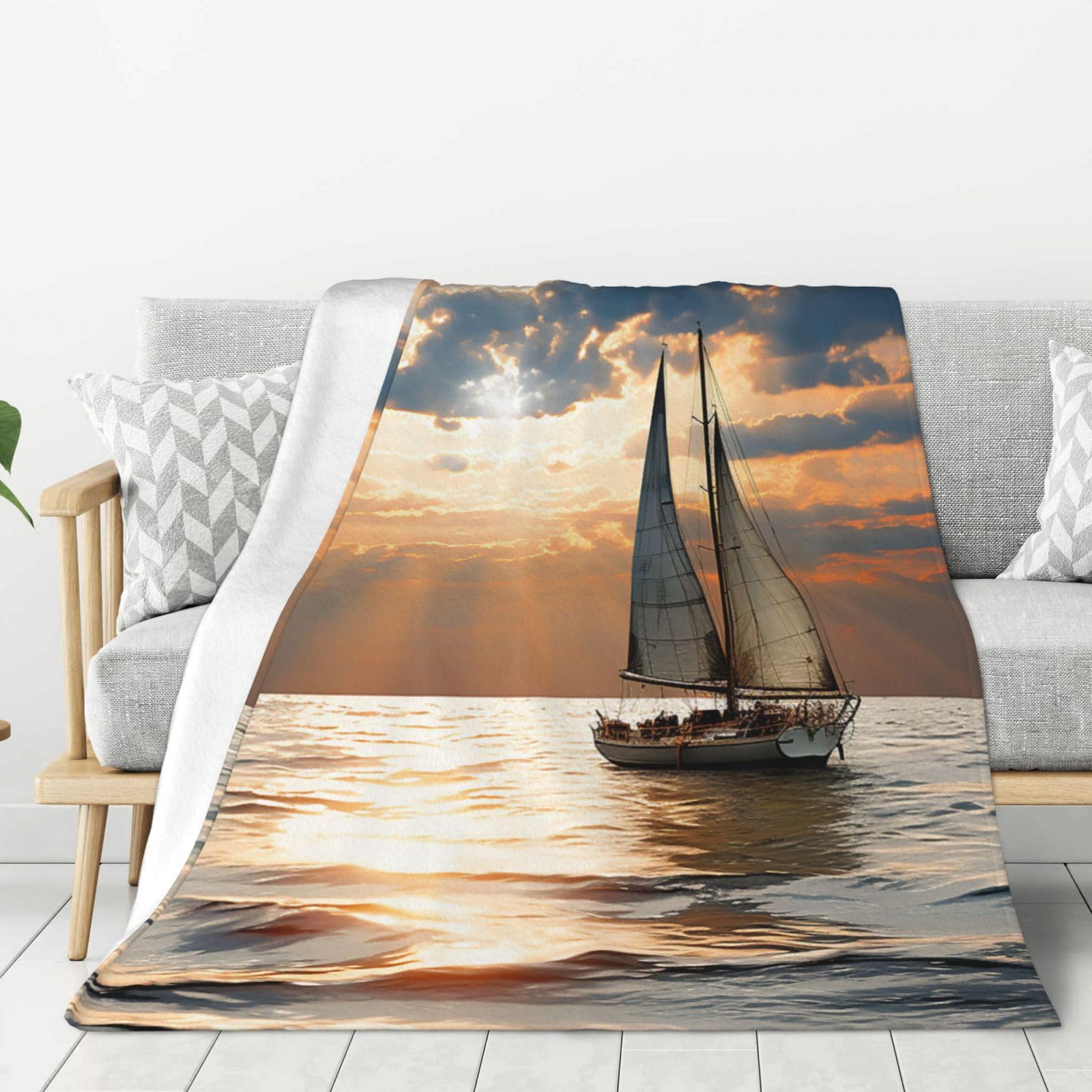 Couverture pelucheuse en microfibre supérieure au toucher velours imprimé mer et voile