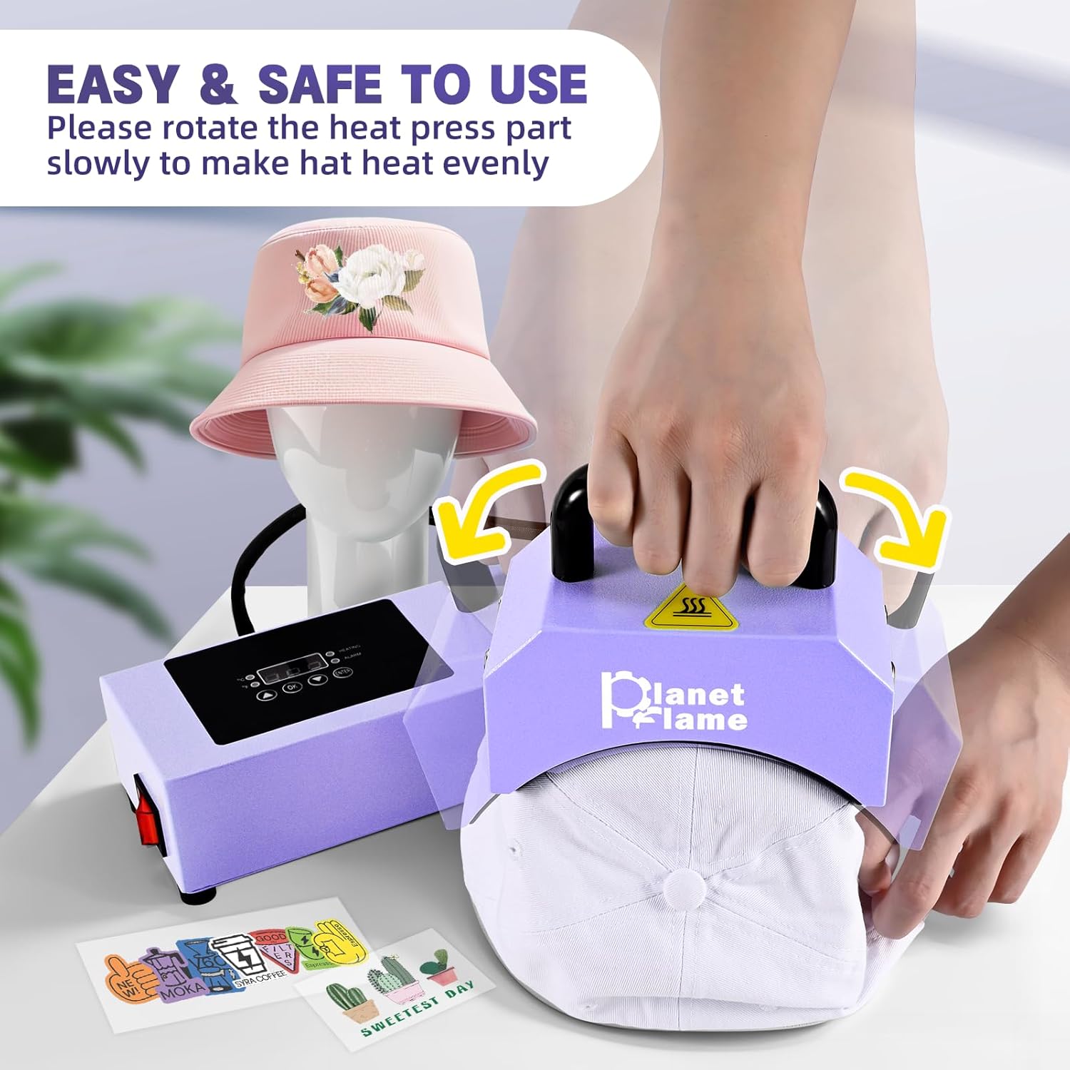 Hat Press, Mini Hat Press Heat Machine for Caps Hats with 5.4" * 3.1" Curved Teflon Coated Heat Plate & Safety Base for Heat Transfer Vinyl, Sublimation and DIY Projects, Purple