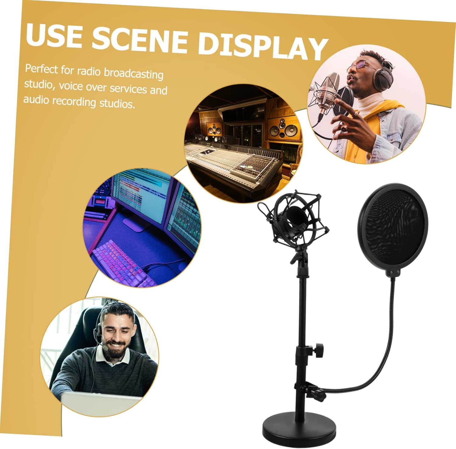 1 Set Adjustable Tabletop Microphone Stand with Mic Holder Filter Durable Stable Desktop Mic Stand for Live Streaming Radio Broadcasting Audio Recording