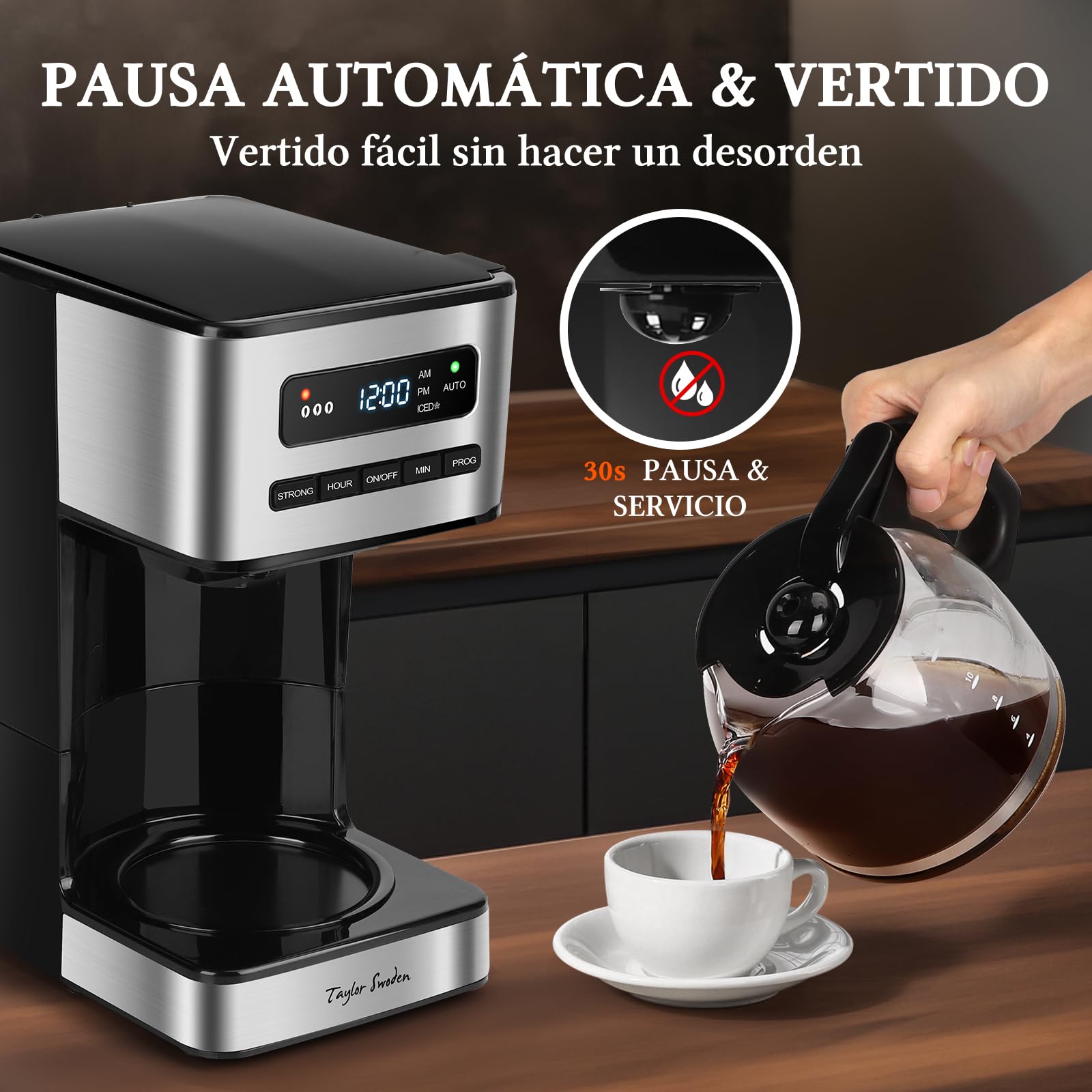 Taylor Swoden Cafetera Goteo 12 Tazas(1.8L) - Programable 24H con LED, 3 Niveles + Modo Café Helado, Jarra Borosilicato, 40 Min Mantener caliente+Autoapagado, Autolimpieza, Antigoteo, Inoxidable, 900W