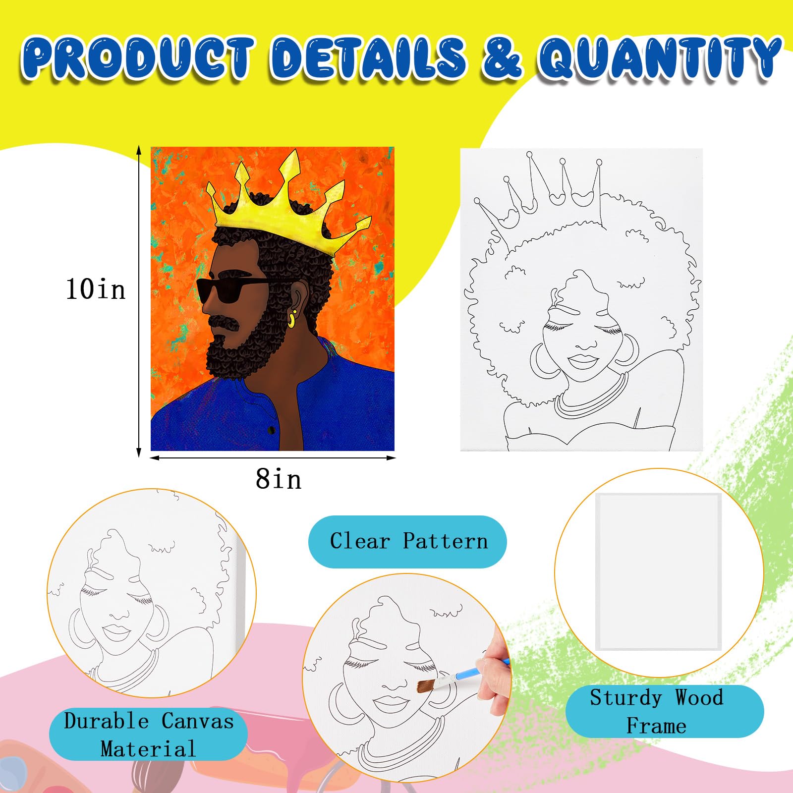 Yeaqee 13 Pcs Valentines Sip and Paint Kit for Couples Date Night Painting Kit Supplies Canvas Art Painting Set Outline Design Blank Stretch Canvas for Couple Adults Party(Afro King Queen,8x10)