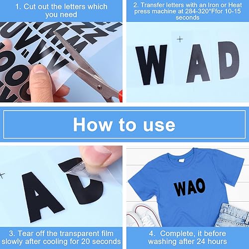 Miniatura 7 de 3 hojas, 504 piezas de letras y números para planchar para tela, letras de vinilo para planchar de 1 pulgada para ropa, letras de transferencia de