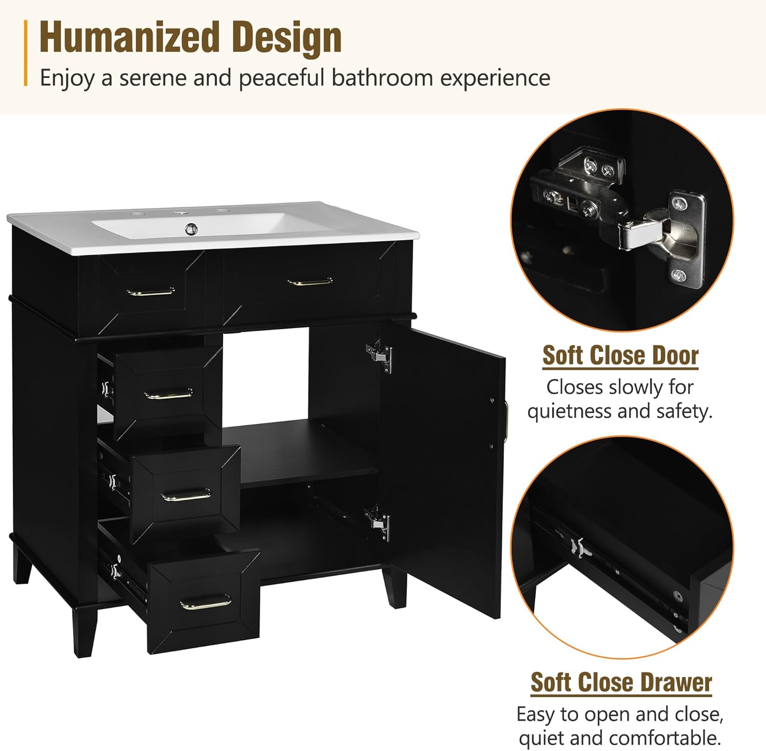 30 Inch Bathroom Vanity with Sink, Bathroom Vanities 30-Inch with Sink, Modern 30 Bathroom Sink Vanity with 3 Drawers, 1 Cabinet and Adjustable Shelf for Bathroom No Mirror (Black)