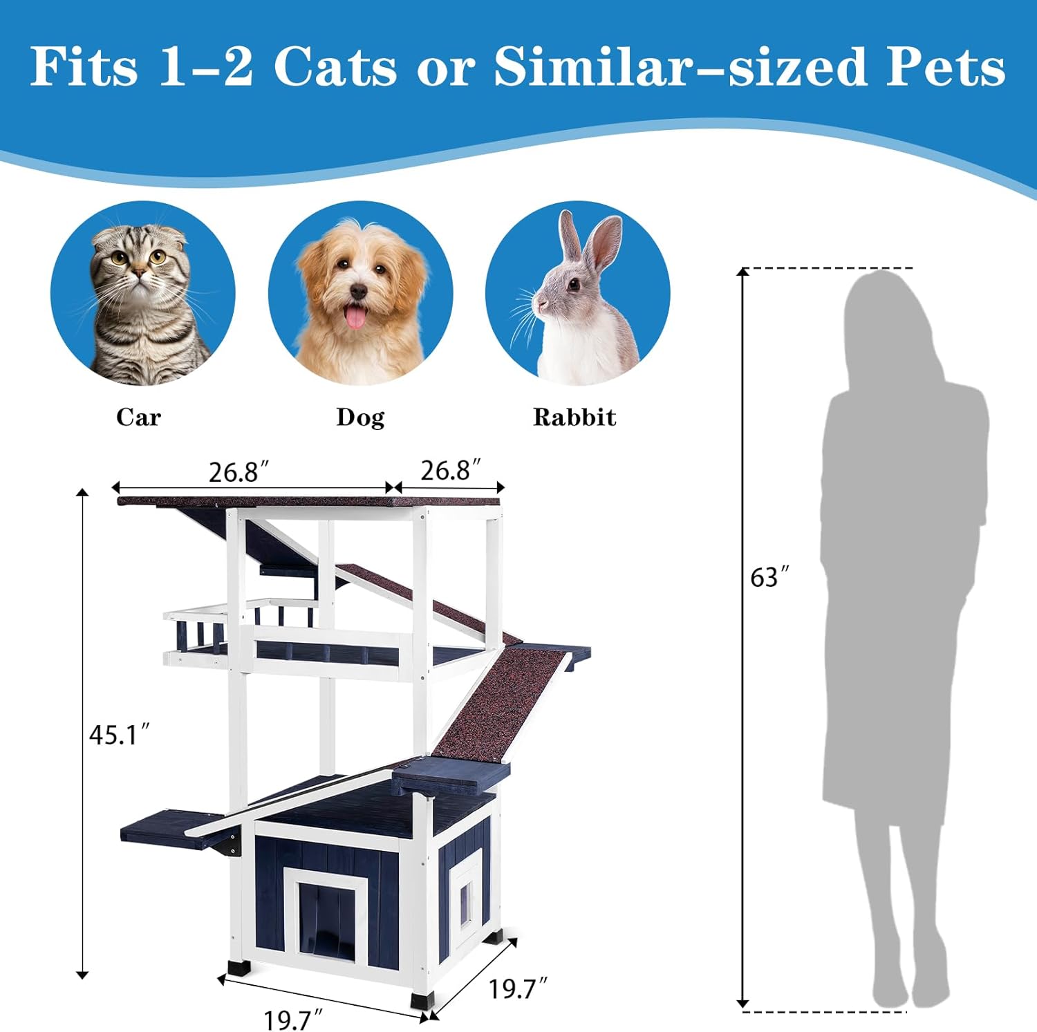 4 Tiers Outdoor Cat House Weatherproof Cat Tree Tower 45.1" H Feral Cat Shelter Outside Enclosure Multi-Level Play Zones Waterproof Roof 2 Escape Doors, 2 Removable Floors for Multiple Cats