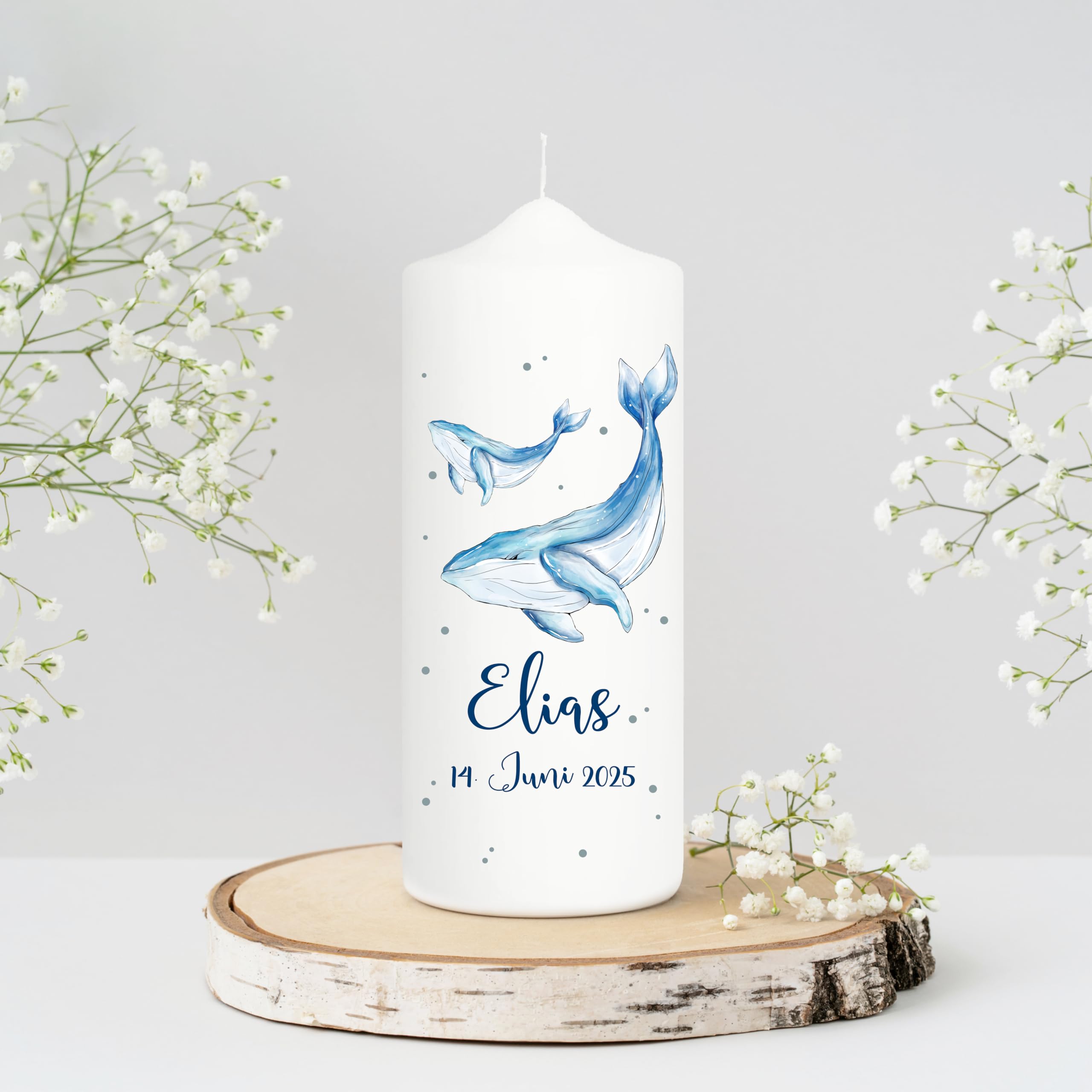 Wandtattoo Loft Taufkerze Junge mit Taufspruch + 2 Patenkerzen, Motiv Blauer Wal 25 x 7 cm, personalisierte Kerze, bedruckte Kerze zur Taufe, Taufgeschenk