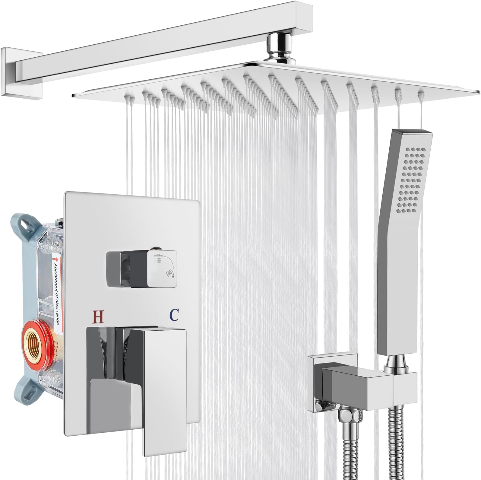 Rainfall 10 inch Shower System Bathroom Luxury Rain Mixer Silver Shower Combo Set Wall Mounted Shower Head Systems with High Pressure Head Hand Held Square Shower Head Polished Chrome Rough-in Valve