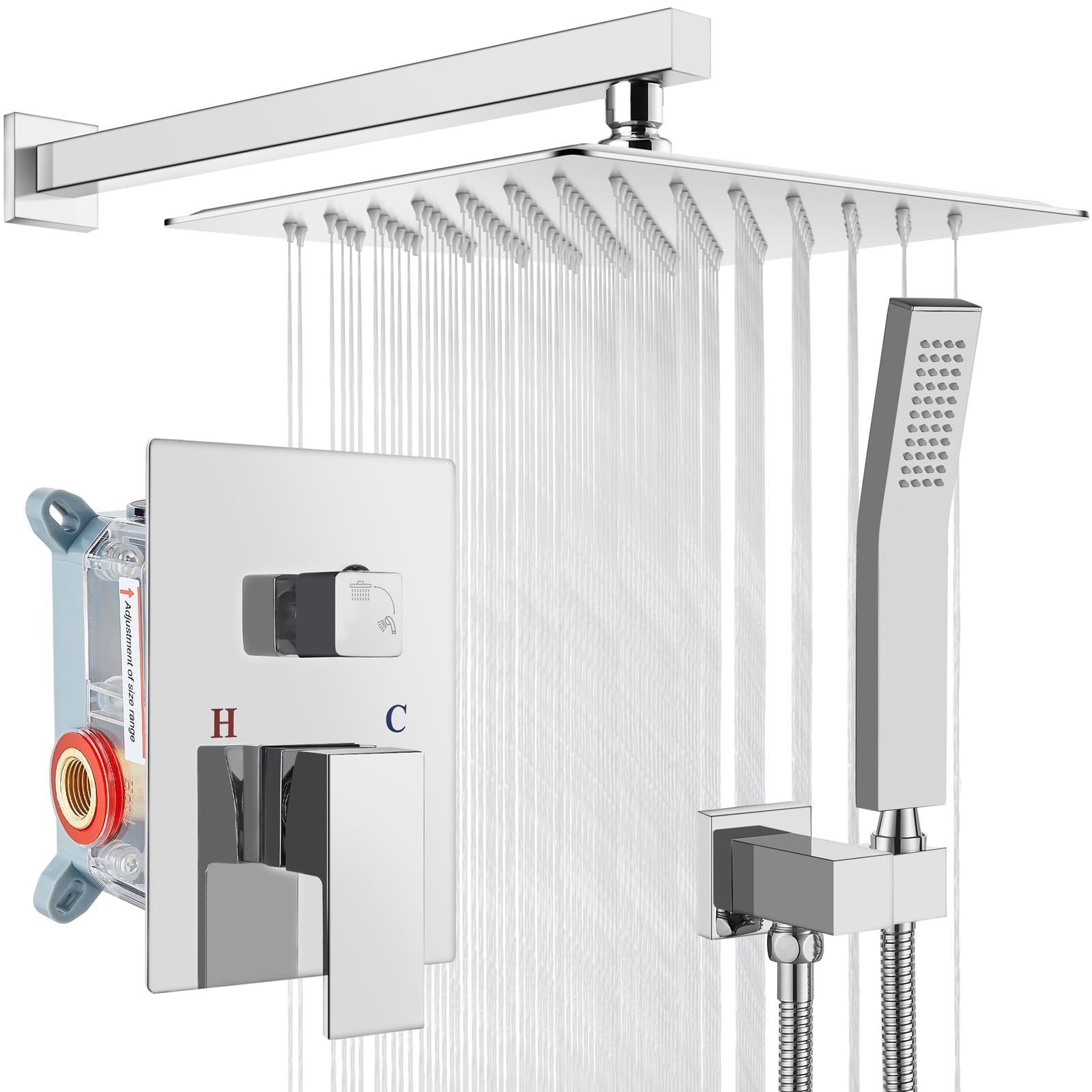 Rainfall 10 inch Shower System Bathroom Luxury Rain Mixer Silver Shower Combo Set Wall Mounted Shower Head Systems with High Pressure Head Hand Held Square Shower Head Polished Chrome Rough-in Valve