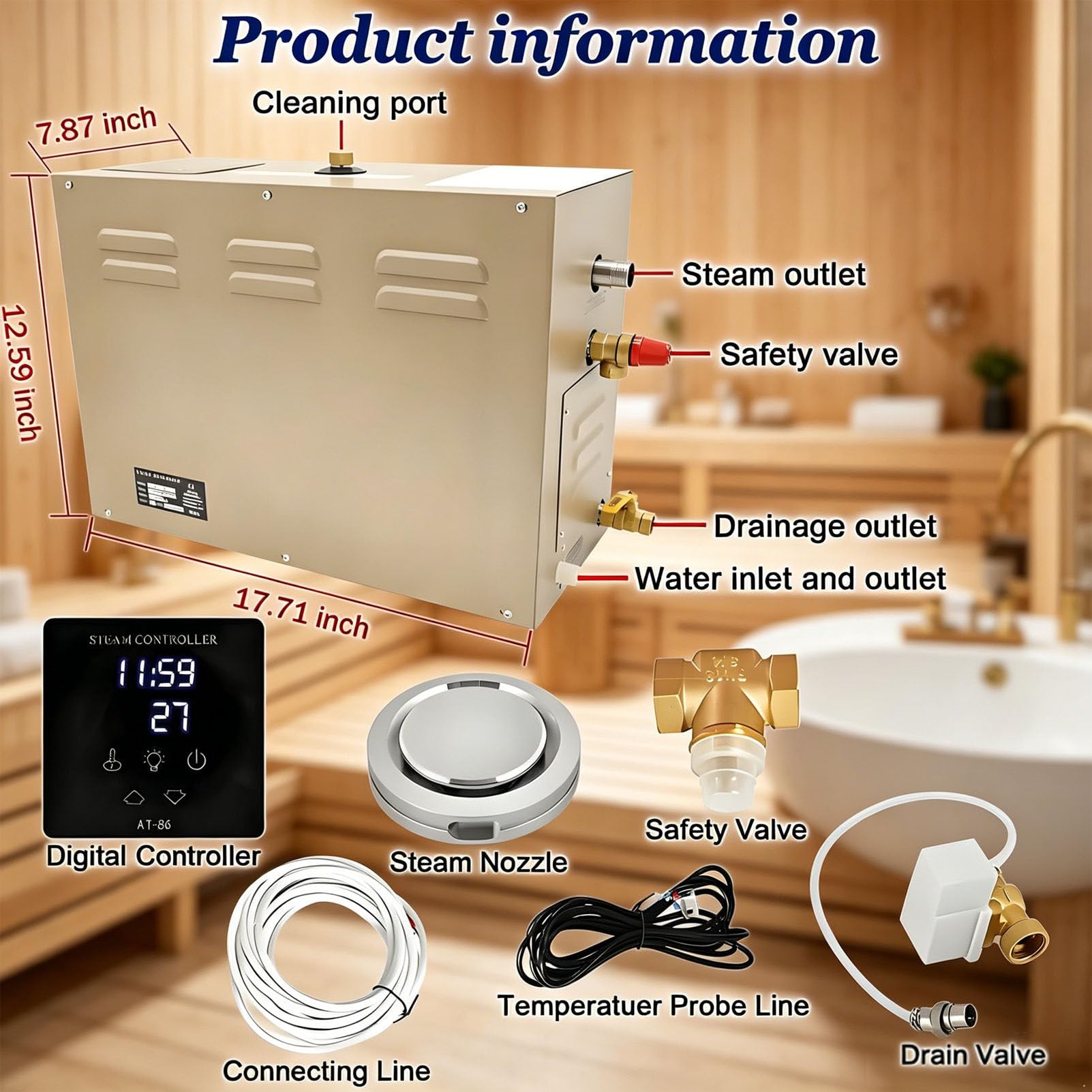 Home Kit generador de baño de vapor, 18 kW con drenaje automático, sistema antical, boquilla de aromaterapia, panel de control táctil LCD para duchas de vapor privadas