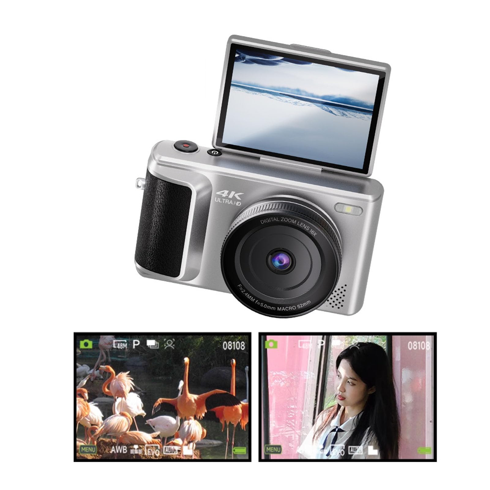 Cuifati Camera Digitale 4K per la Fotografia Autofocus, WiFi 64MP, Schermo di Lancio a 180 ° da 2,8 Pollici, Viaggio Compatto 16x Digital Zoom Incorporato per Principianti, Adolescenti (SILVER)