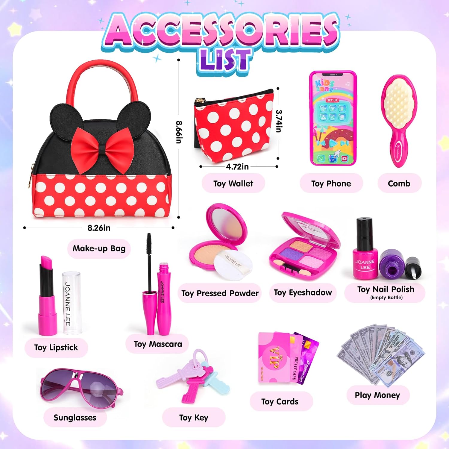 Play Purse for Little Girls, Toddler Purse Set 3 4 5 6 7 8 Year Old, Toy Purse for Girl, Purse for Pretend Play with Accessories, Play Purse for Toddlers, Kid Purses Age 4-6