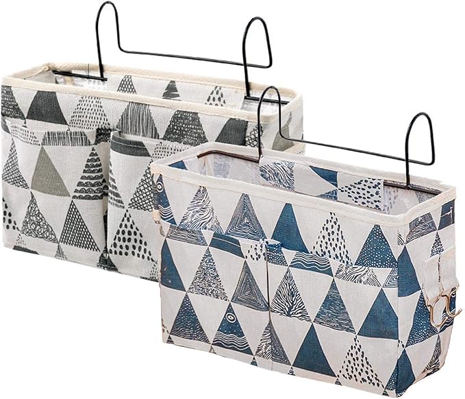 2 Tasche Da Letto Appendibili In Tela - Organizer Con Ganci Per Comodino E Testiera - Grigio E Bianco