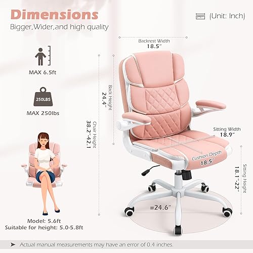 Miniatura 3 de SEATZONE Silla de escritorio rosa moderna silla de oficina ejecutiva con brazos silla de escritorio de piel sintética para niñas y mujeres