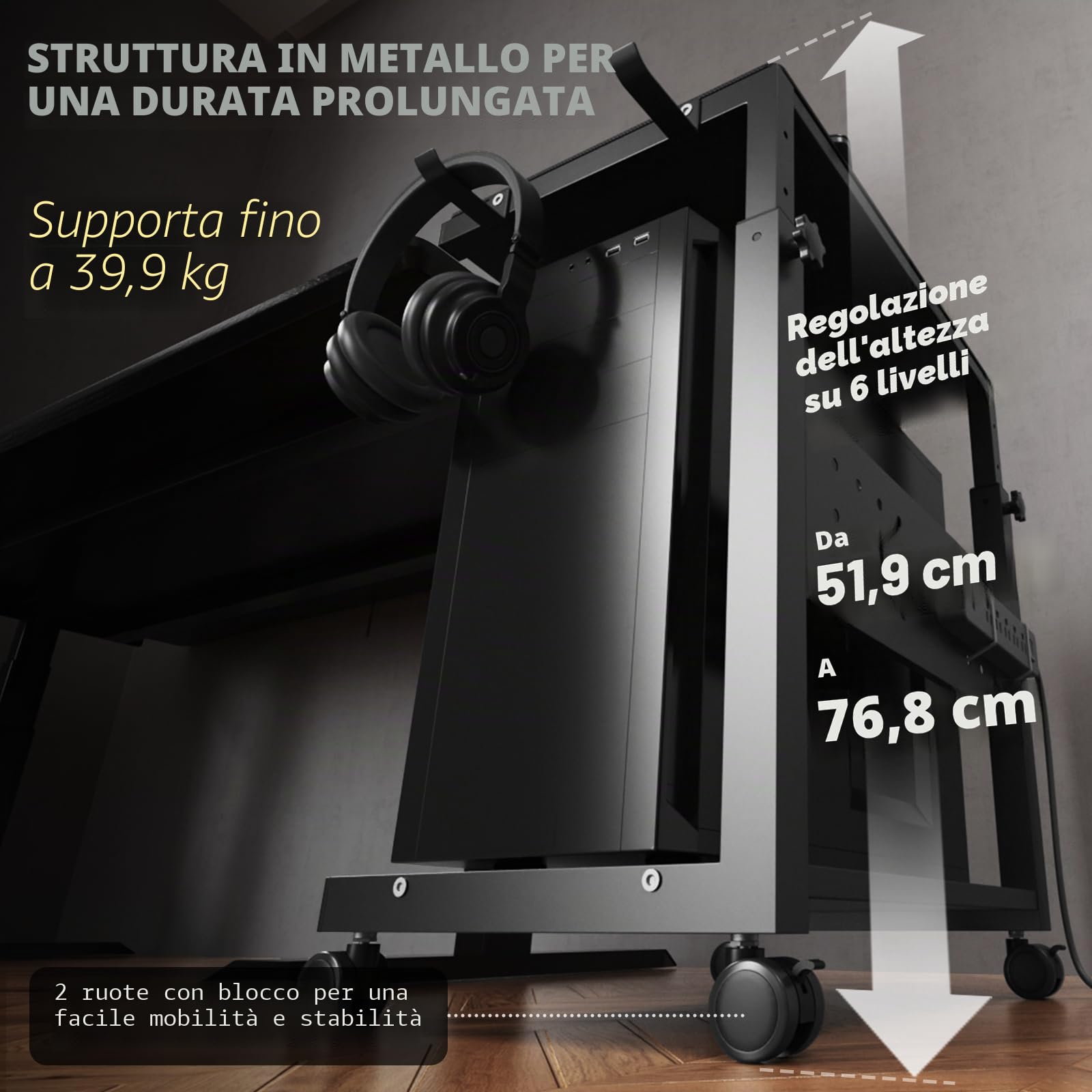 PUTORSEN Carrello per computer a torre – Carrello CPU a 2 livelli con 4 rotelle, supporto a rotelle con pannello forato e 2 ganci, altezza regolabile da 51,9 cm a 76,8 cm, per ufficio, casa e gaming