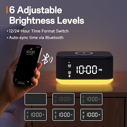 Miniatura 7 de Reloj despertador con altavoz, cargador inalámbrico, despertador digital, para dormitorios, Bluetooth, reloj despertador, luz regulable, para