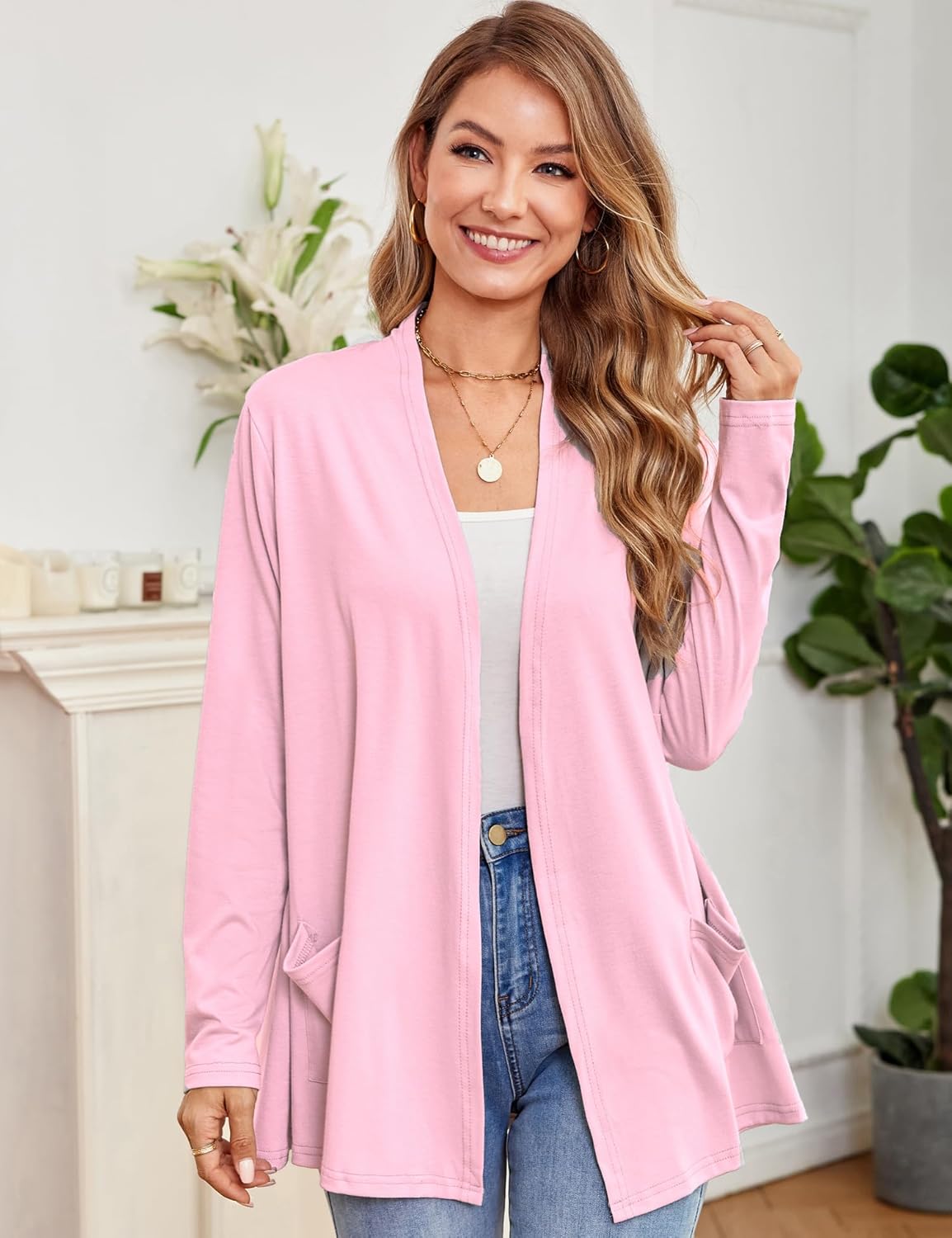 Yekaty Womens Lightweight Cardigans Open Front Long Sleeve Drape Kimono Cardigan Sweaters with Pockets - Image 3