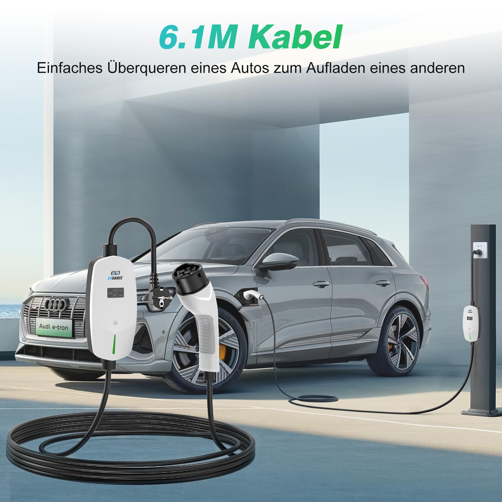 EVDANCE Ladekabel Typ 2 Schuko 6.1m 3.68KW Tragbares Ladegerät mit OLED Bildschirm 6-16A für PHEV/EV-Weiß
