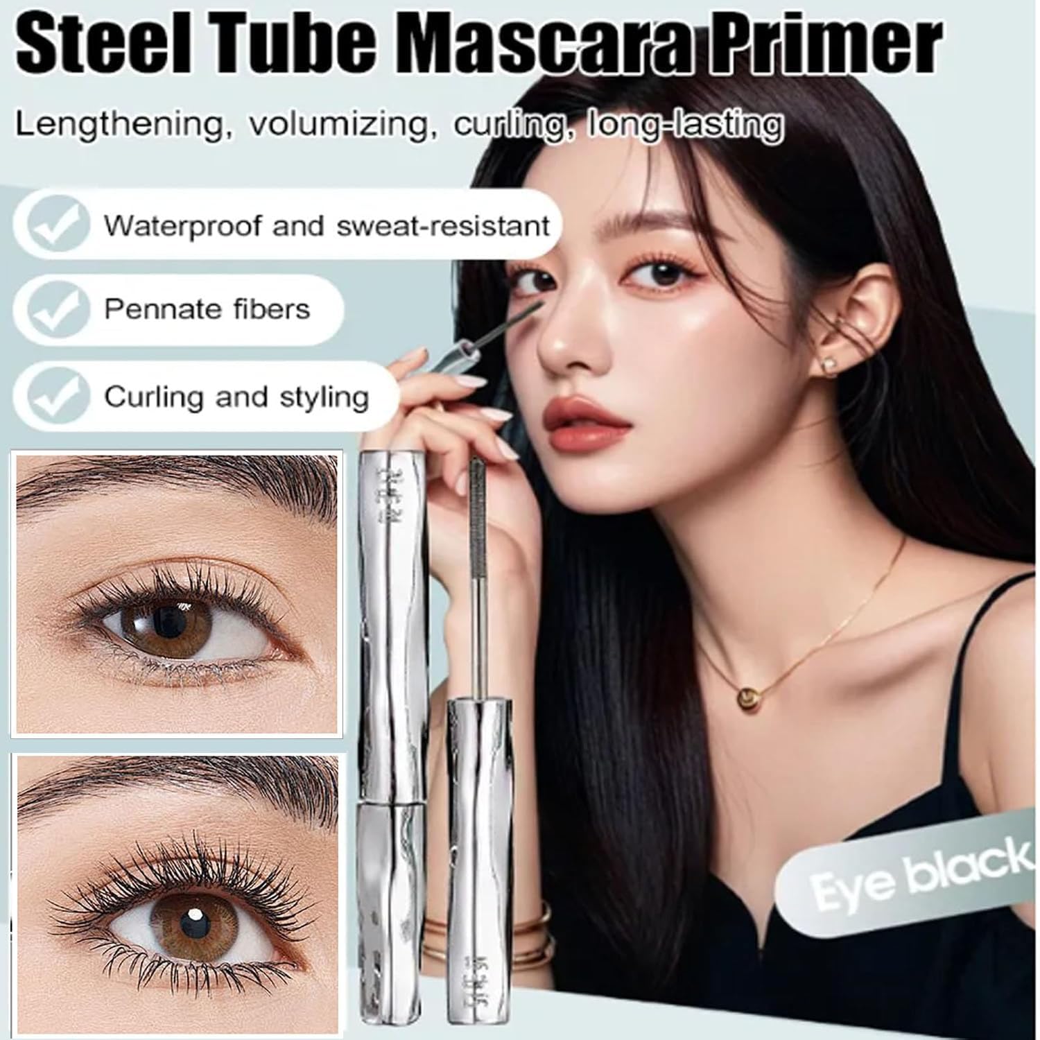 Wimperngrundierung mit Stahlrohr, natürliche, wischfeste, lang anhaltende Wimperntusche mit Gewinde für einen verdichtenden Effekt, wasserfeste 3D-Wimperntusche mit Curling-Eisen (1PC,Black)