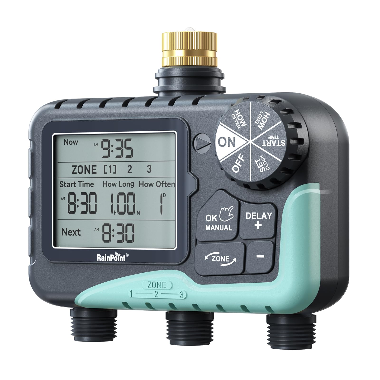 RAINPOINT Timer per irrigazione a 3 zone con ingresso in ottone, timer di irrigazione impermeabile IP65, sistema di irrigazione manuale con ritardo della pioggia con ampio display LCD per cortile