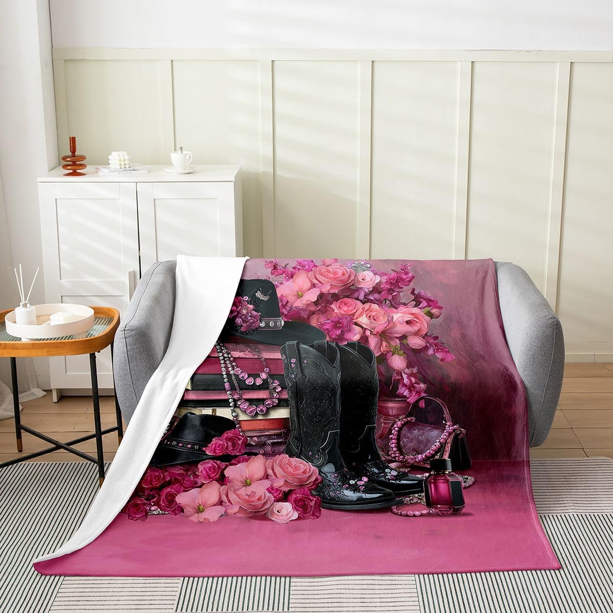 Erosebridal Girly Fashion Pink Flannel Blanket Trendy Cowgirl Boots Hat Fleece Blanket,Baby 30"x40",Trendy Makeup Perfume Floral Fuzzy Plush Throw for Sofa Touch,Vintage Coquette Sherpa Blankets