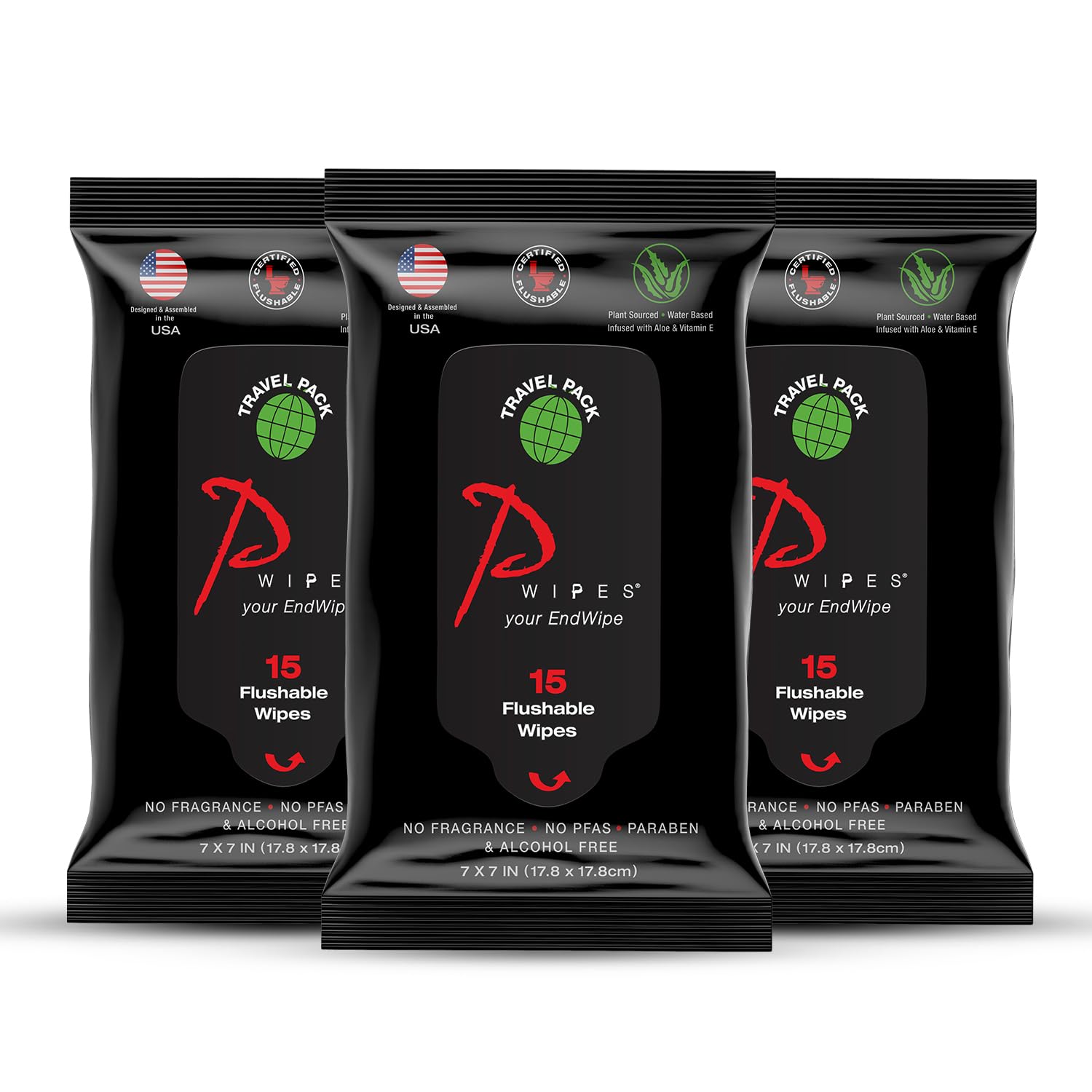 Flushable Wipes | 15 Count Travel Pack | Adult Wet Wipes | Unscented with Vitamin-E & Aloe | Plant Based and Biodegradable | Septic and Sewer Safe |