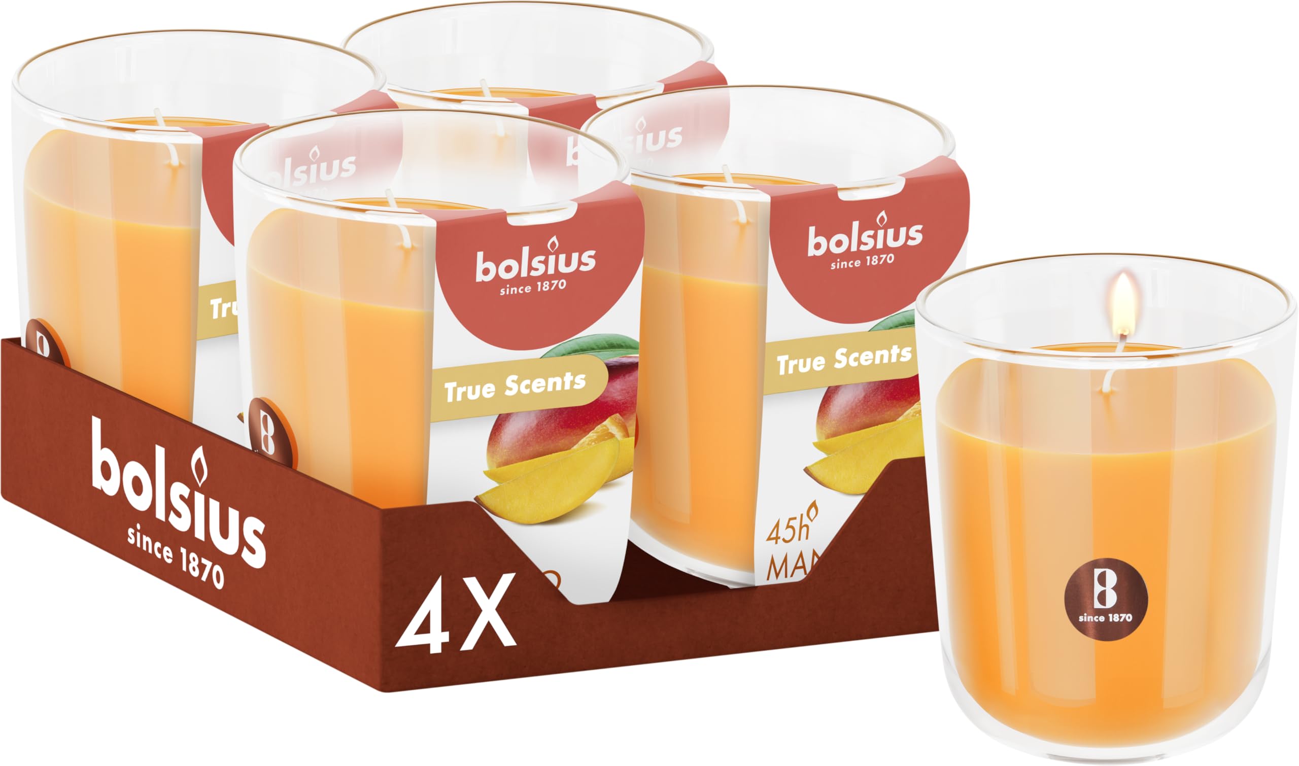 Bolsius - Mango - Orange - Set of 4 Scented Candles - 3.8″ × 3.3″ - Burn time: 45 Hours - with Natural extracts - Natural Vegetable Wax - Palm Oil Free