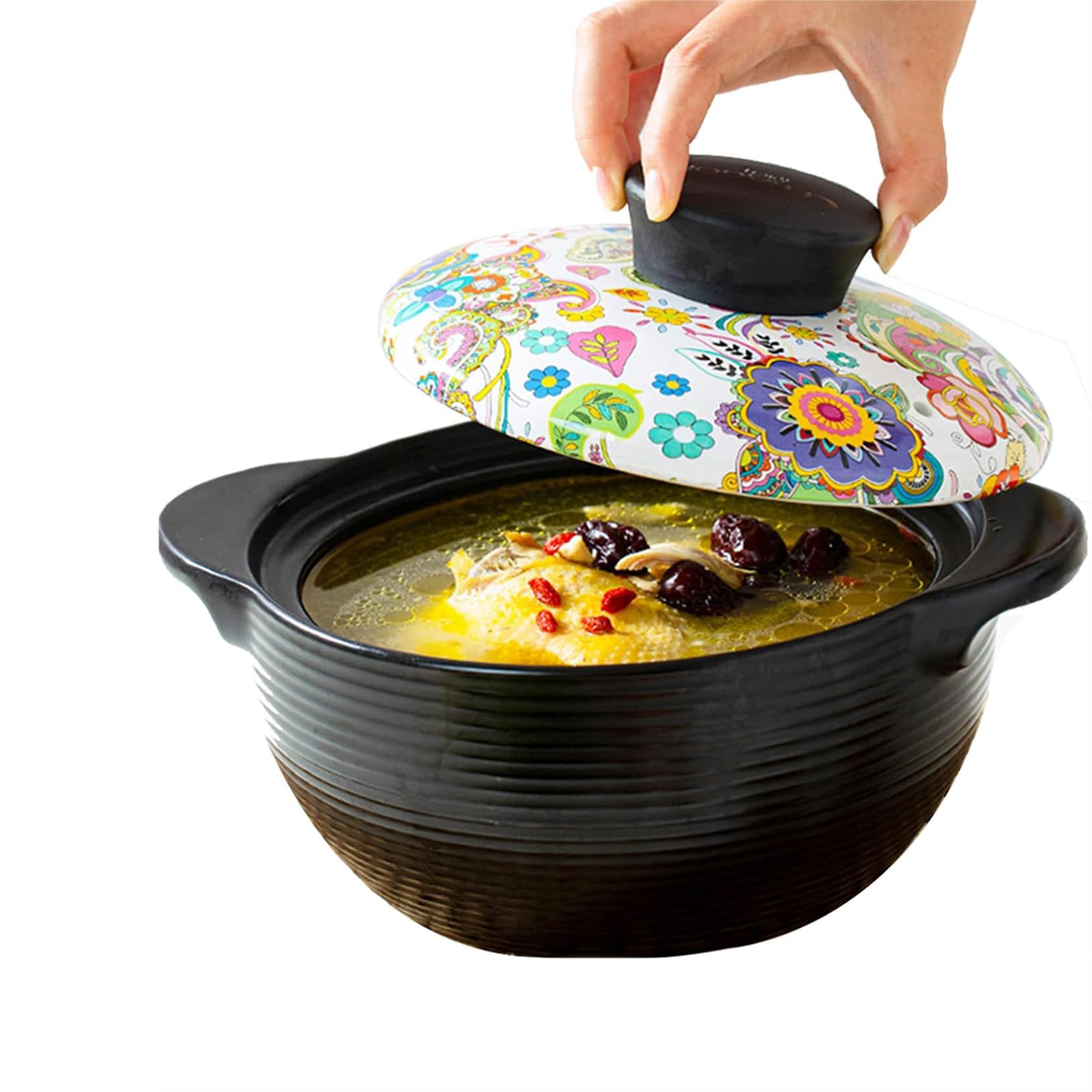 Kamienny garnek, z pokrywką Japoński gliniany garnek Gorący Ceramiczny żaroodporny do gulaszu, zupy i pary(2.7qt)