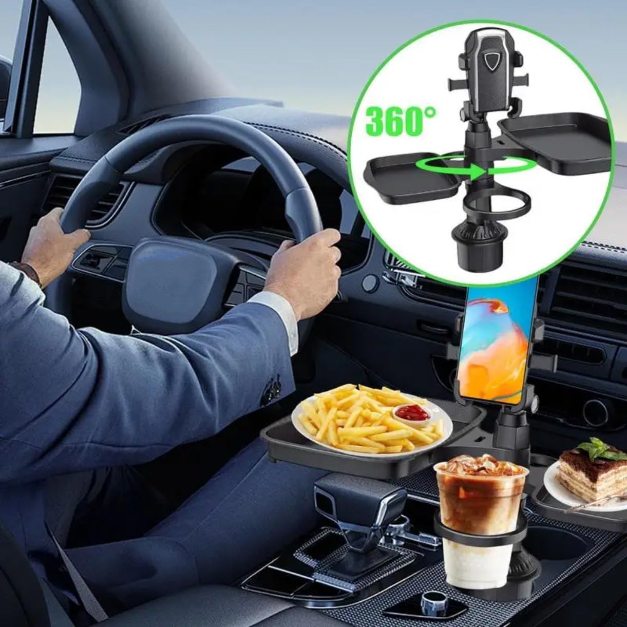 Portabicchieri per Auto Vassoio Portabicchieri Per Auto Organizzatore Per Tazze Per Auto 4 In 1 Vassoio Da Tavolo Alimenti Per Viaggio Regolabile Espansore Supporto Multifunzionale A 360 Gradi(Size A)