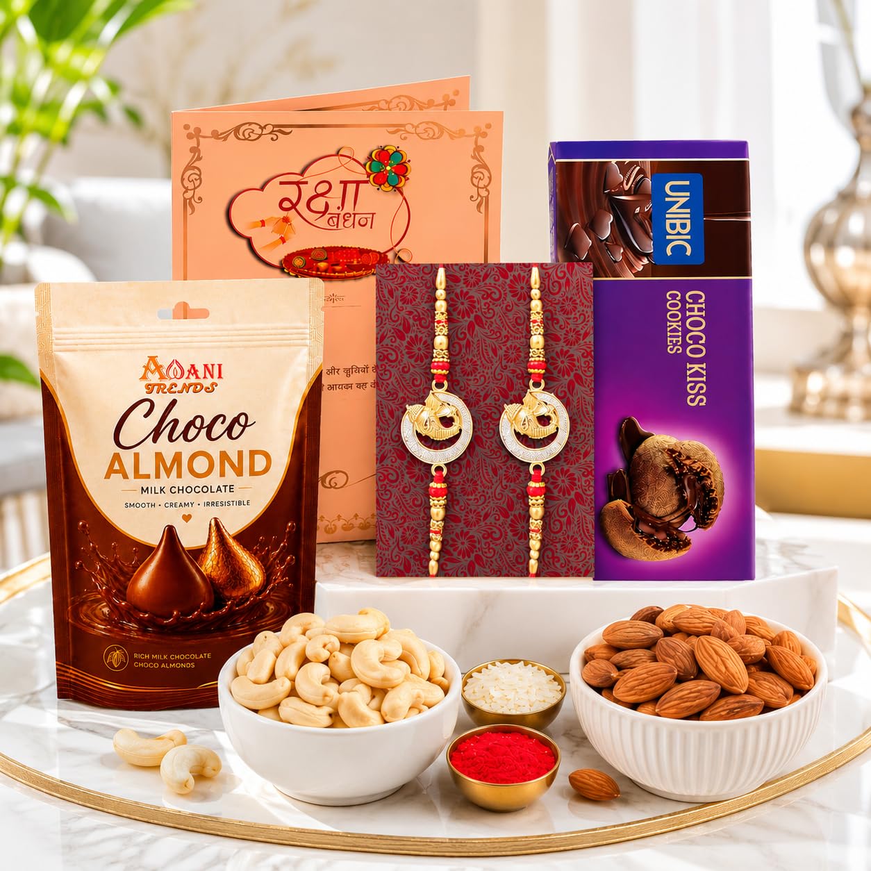AWANI TRENDS Rakhi Gift Hamper for Brother & Sister | Raksha Bandhan Gift Box with Chocolates, Almonds, Cashews (Kaju), 2 Designer Rakhis, Roli Chawal & Greeting Card | Festive Gift Pack-image-12
