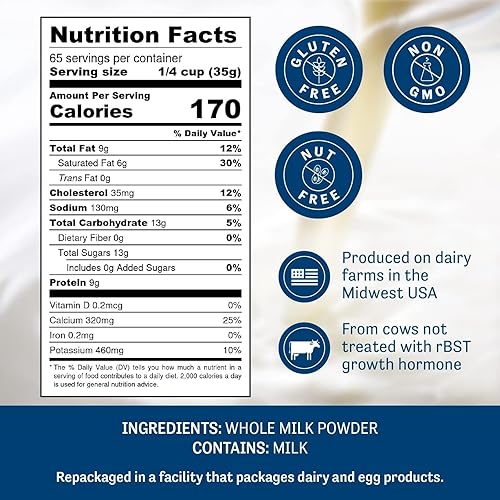 Vista 12 de Judee's Pure Leche entera en polvo de 11 onzas, 100% sin OMG, rBST sin hormonas, sin gluten y sin frutos secos, grapa de despensa, lista