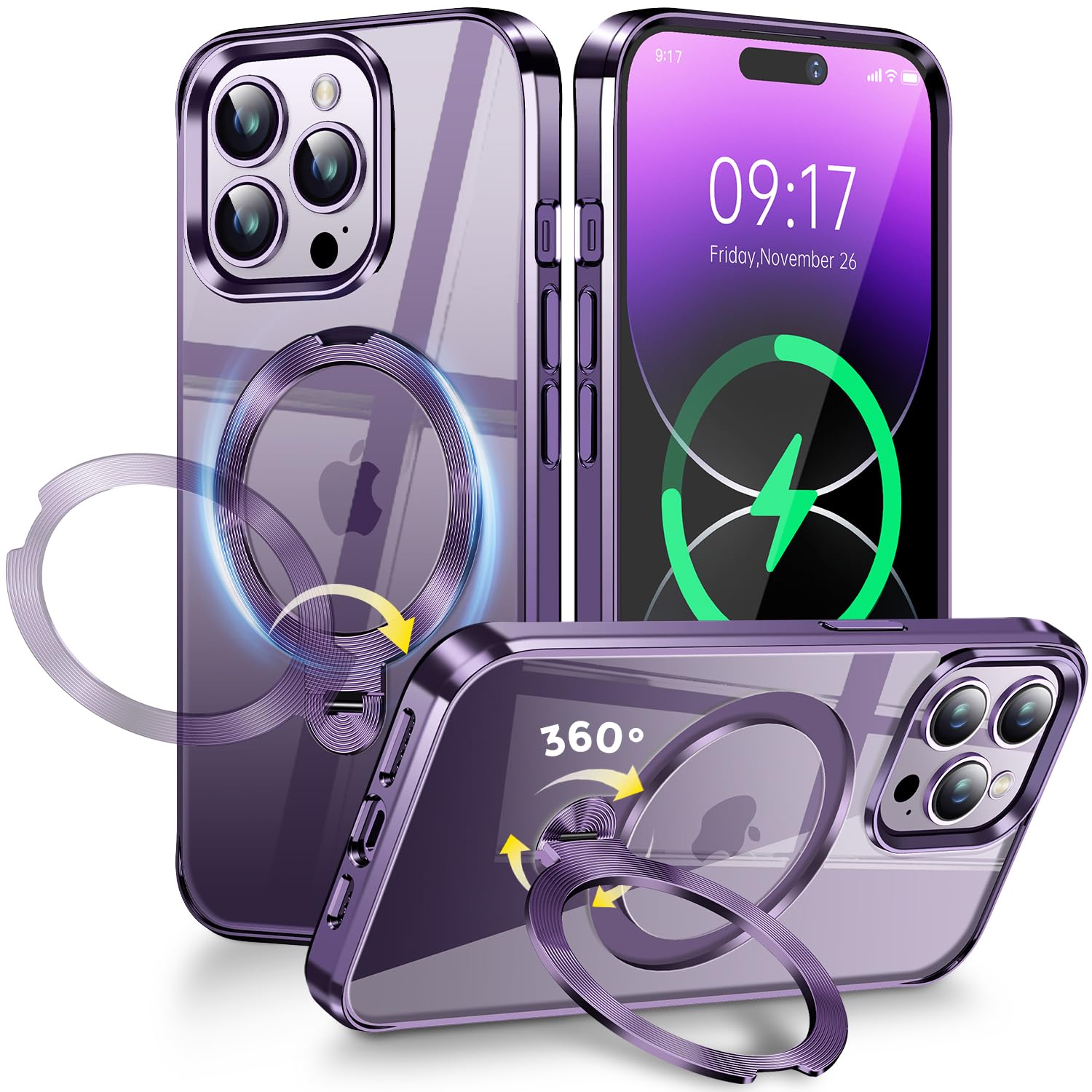 [CD Metal Ring & Invisible 360° Spin Stand] Magnetic Case for iPhone 14 Pro Max [Electroplated Shockproof Bumper ] [Compatible with Mag Safe] Cover