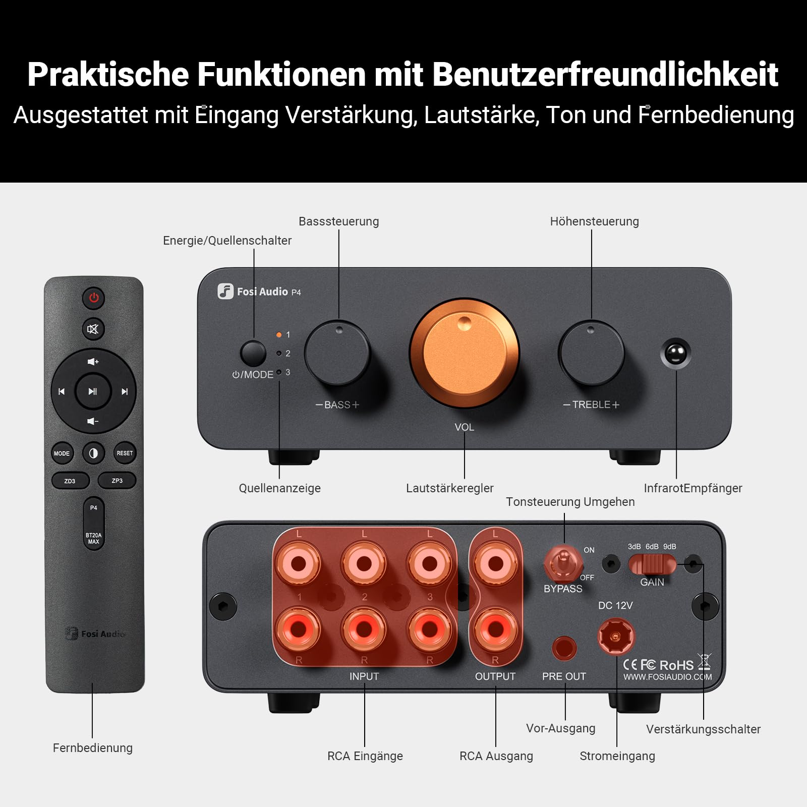 Fosi Audio P4 Mini vorverstärker mit 3 RCA-Eingängen, Heimaudio-Stereovorverstärker für Verstärker/Aktiv-Subwoofer/Lautsprecher, 3-stufigem Verstärkungsregler (3/6/9 dB), Bass- und Höheneinstellung
