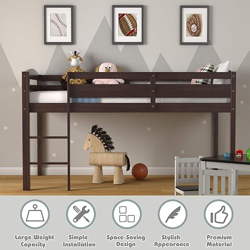 Miniatura 8 de Costzon Cama tipo loft individual cama tipo loft baja de madera maciza con barandilla de protección y escalera cama individual para niños y niñas
