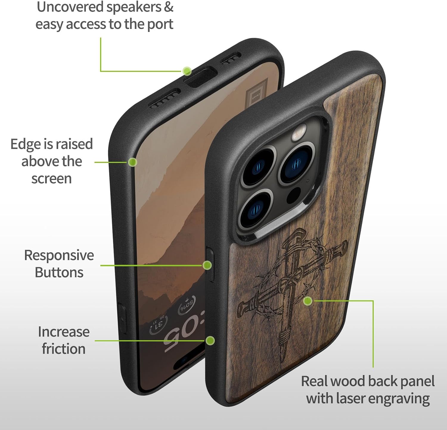 Carveit Magnetic Wood Case for iPhone 14 Pro Max [Natural Wood & Black Soft TPU] Shockproof Protective Cover Unique Wooden Case Compatible with magsafe (Crucifix Nails -Walnut)