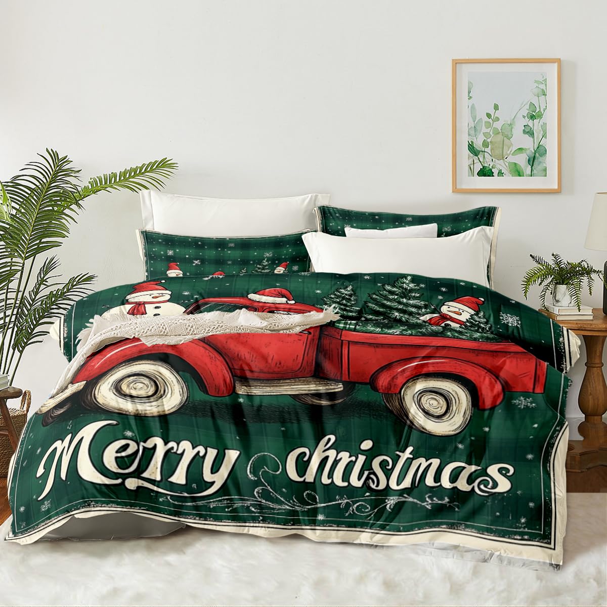 CCoutueChen Red Christmas Truck Bedding for Kids Green Xmax Tree Duvet Cover Queen Size, Cute Snowmen Santa Claus Comforter Cover for Boys Girls New Happy Bedroom Decor, Soft Skin-Friendly Microfiber