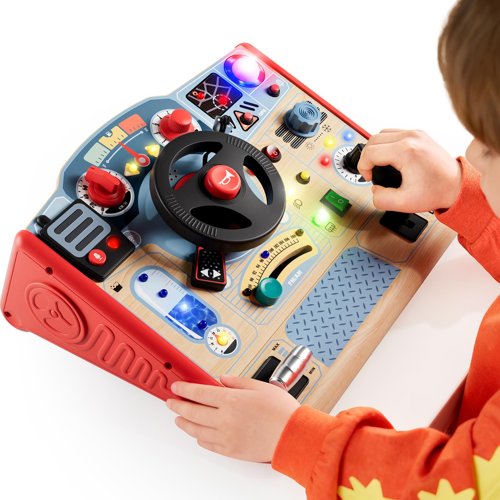 TOP Bright Montessori Busy Board with LED Light, Sensory Toys with Sounds & Switches, Activity Board for Kids 3-5, Car Driving Toy for Toddler Boy, 3 Year Old Girl Boy Gifts for Birthday