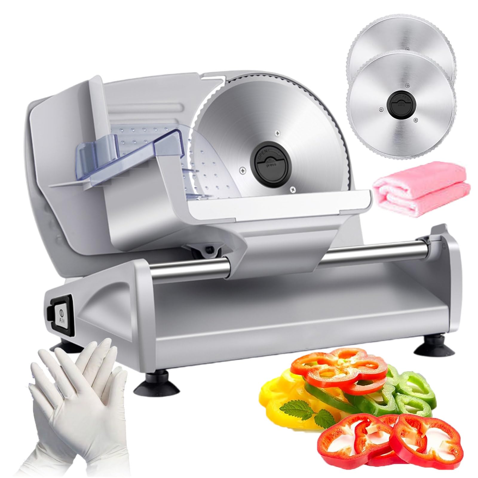 Affettatrice elettrica per alimenti, taglierina elettrica per carne, affettatrice per carne domestica con lama in acciaio inossidabile rimovibile (diametro 190 mm) per pane, carne, formaggio (con 5
