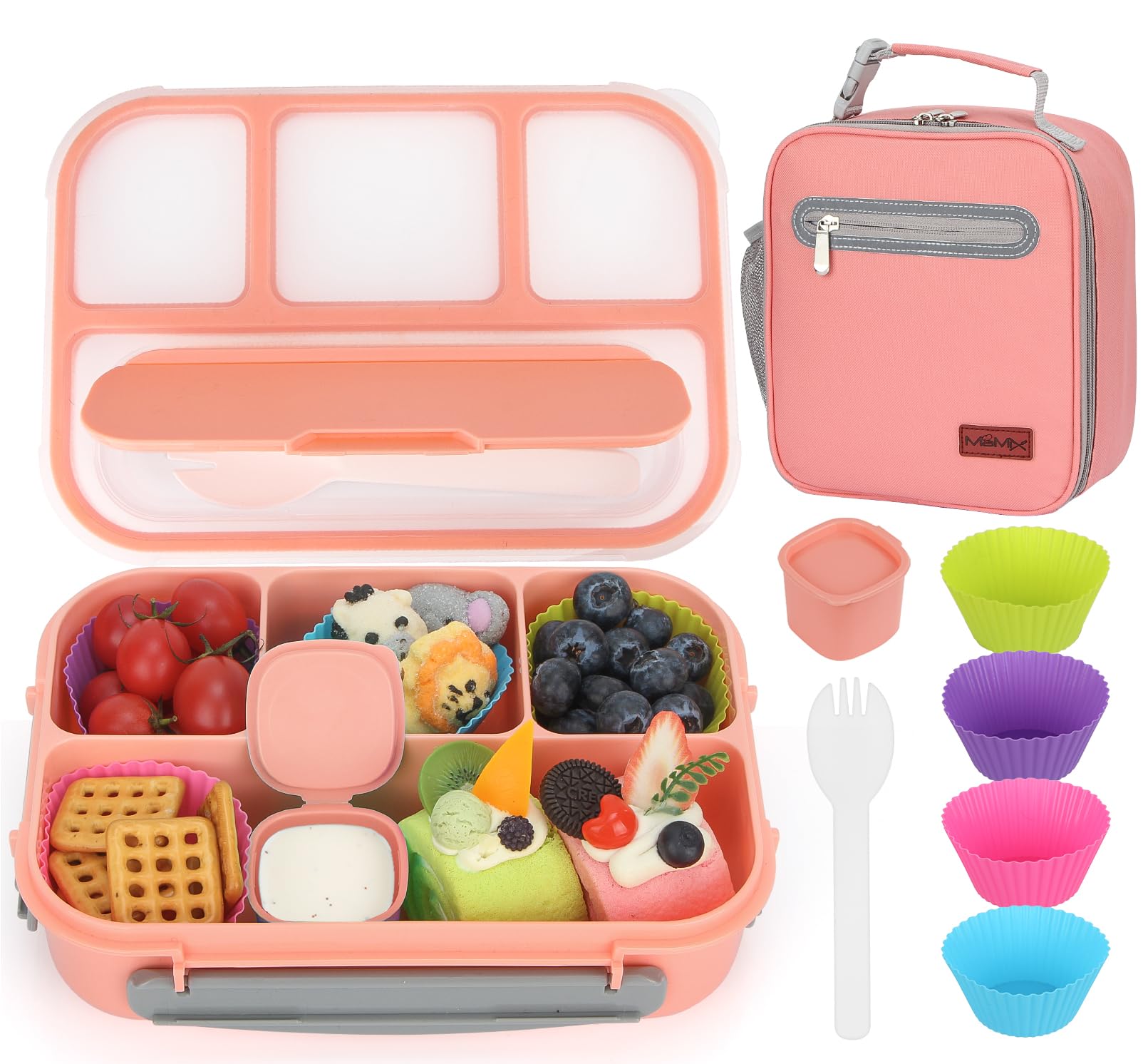 MaMix Bento Box Lunchbox für Erwachsene, Lunchbox, Kinder, inklusive Lunchtasche für Erwachsene/Kinder/Studenten, 1300 ml, 4 Fächer, Bento-Lunchbox (rosa Set)