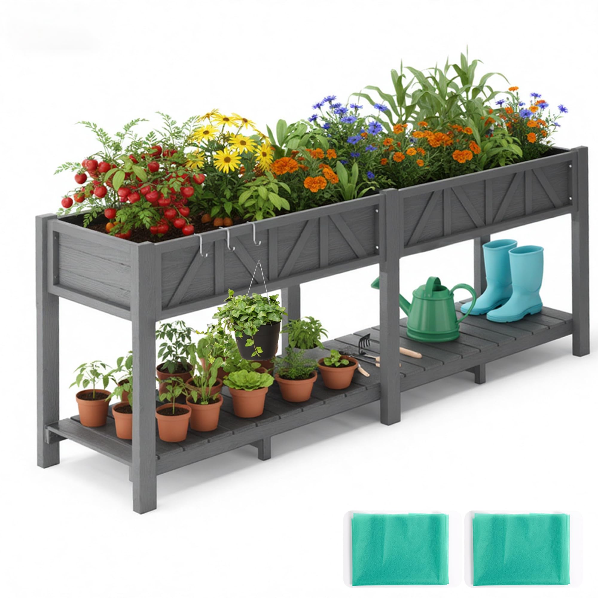 Hochbeet 183x44x73cm, Wetterfestes Pflanzkübel Außen mit Ablagefach, 6 Haken & 2 Vlieseinlagen, Für Gemüse Blumen Kräuter, Garten Balkon Terrasse, Grau
