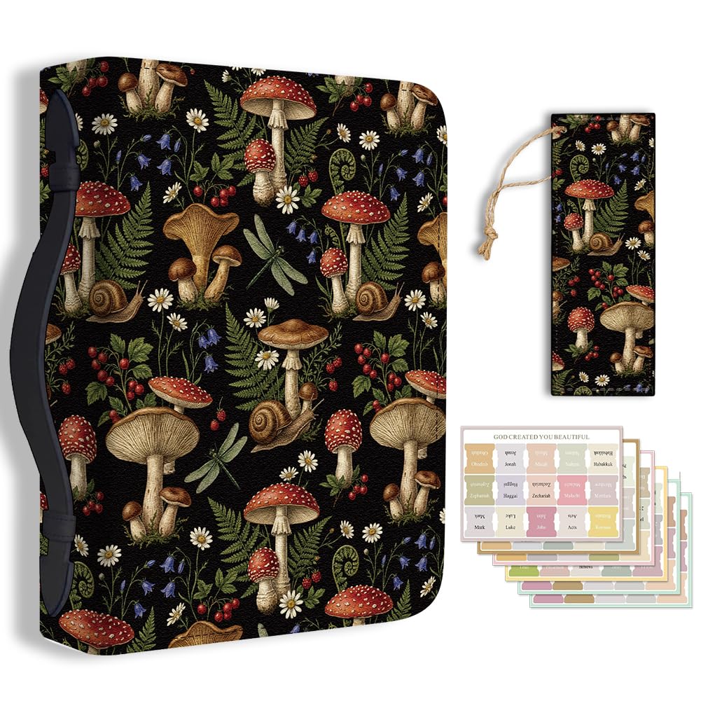 TNKBREEZE 1Pc Mushroom Bible Cover Mushroom Jungle PU Leather Bible Case Carrying Case with Bookmark for Women Men Christian Bible Note Books Carrying Accessories 20.3x28.5x5.9cm