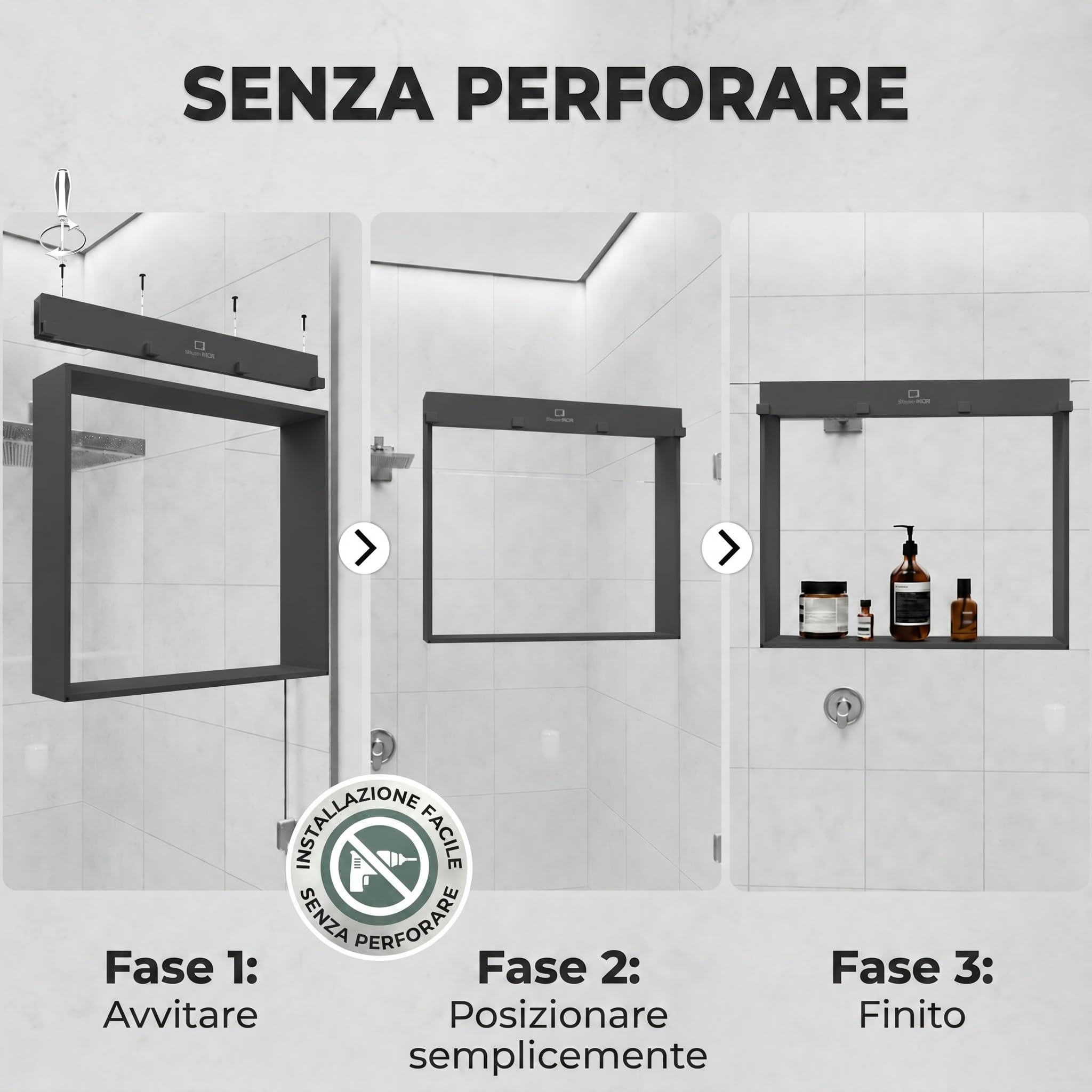 ShowerNIZR Mensola doccia Grey - Mensola doccia senza foratura da appendere alla parete in vetro in acciaio inox con 4 ganci porta shampoo per organizer doccia moderno e ordine nel box doccia