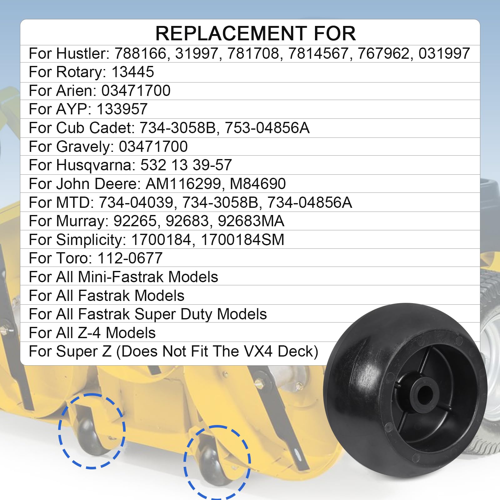 DICMIC- Kit de 4 Ruedas Protectoras para Cubierta de cortacésped Compatible con Rotary 13445 Hustler 788166 31997 781708 MTD 734-04039 y más